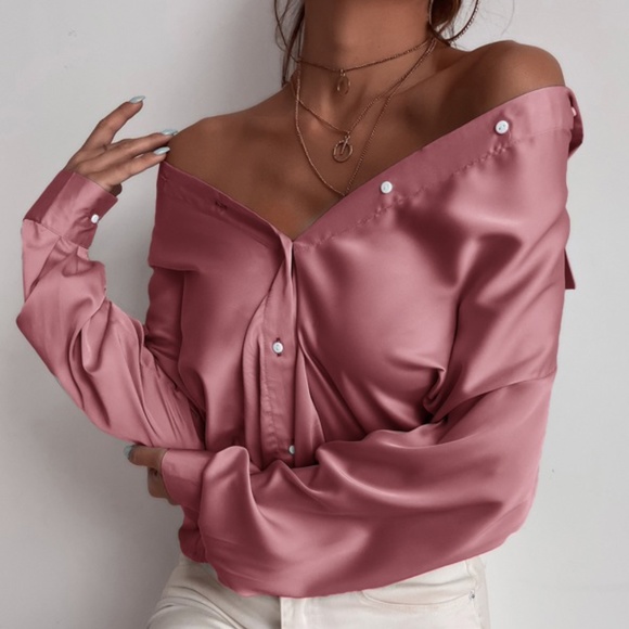 Luxe Satin button up Boyfriend shirt Blouse - Picture 6 of 16